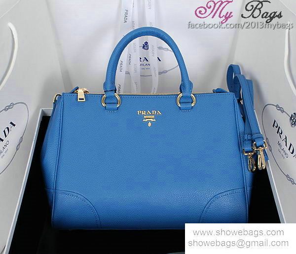 2014 Prada grainy leather tote bag BN2325 middle blue - Click Image to Close